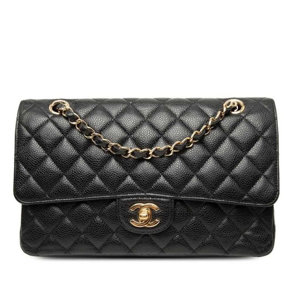 Chanel Coco Mark Matelasse 25 Caviar Skin Double Flap Chain Shoulder Bag Black